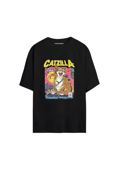 Retro Catzilla Baskılı Unisex Siyah Oversize T-shirt SIYAH Retro Catzilla Baskılı Unisex Siyah Oversize T-shirt SIYAH