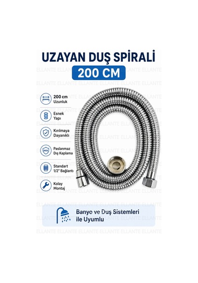 200-220 Cm Uzayan Özel Duş Spirali Banyo Duş Hortumu Dayanıklı Esnek 2 Metre 2m Çok Renkli