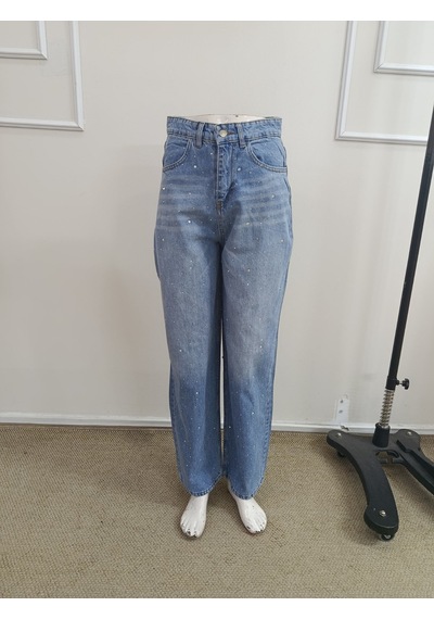 Bhrwear Kadın Yüksek Bel Taşlı Cep Detaylı Paçaya Doğru Genişleyen Kot Pantolon Renkli