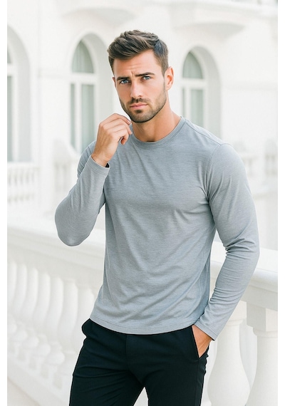 Rich Erkek Uzun Kollu Bisiklet Yaka Tişört - %100 Pamuk Basic Relaxed T-shirt Gri