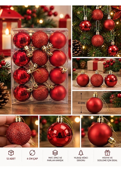 12'li Set 4 Cm Kırımızı Yılbaşı Ağacı Süsü Mat, Simli Ve Parlak Karışık Çam Ağacı Topu Noel Süsü Diğer
