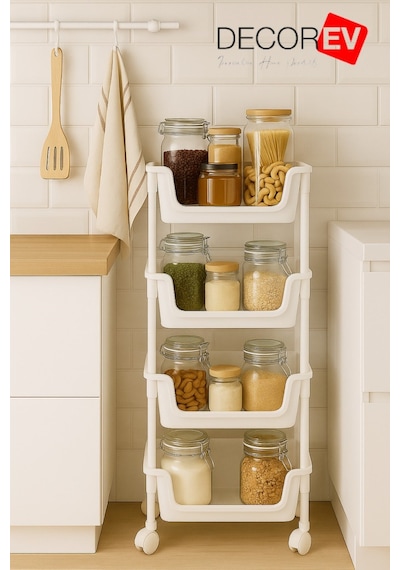 4 Katlı Tekerlekli Plastik Organizer Raf Çok Amaçlı Mutfak, Banyo Ve Ofis Düzenleyici Beyaz Dc-6823 Beyaz