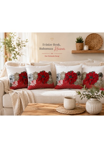 Kırlent 8 4'lü Dekoratif Kırlent Kılıfı Seti 45x45 Cm Kırmızı Çiçek Desenli Modern Salon Ve Koltuk Yastık Kılıfı Gizli Fermuarlı Çok Renkli