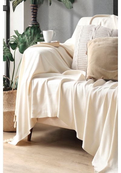 Miracolo Home Ekru Pamuklu Dekoratif Koltuk Örtüsü 170x230 Boyutlu Optimal Kaymaz Tasarım