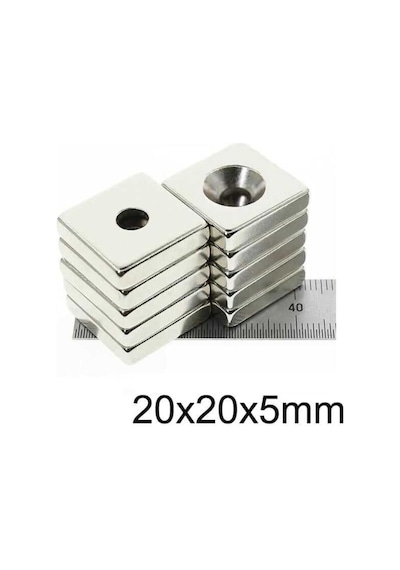 Dünya Magnet 5 Adet, Havşa Delikli, Neodyum Mıknatıs, 20x20x5 Mm, D:10/5 Mm, Köşeli, Güçlü Magnet, N35 Kalite