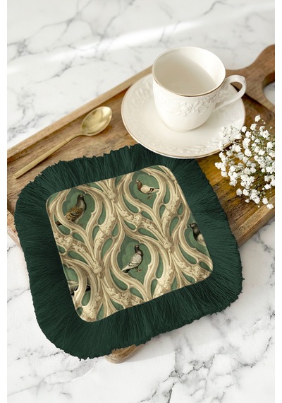 Lüks Gotik Kuş Motifli Saçaklı Sunum Peçetesi - Vintage Avangart Yeşil Bardak Altlığı Mendil Çok Renkli