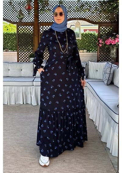Rabia Şamlı Gül Mavi Çiçekli Elbise Normal