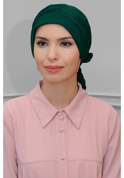Hürrem Bone Zümrüt Pratik Hazır Geçmeli Tesettür Bone Sandy Kumaş Incili Pile Zümrüt