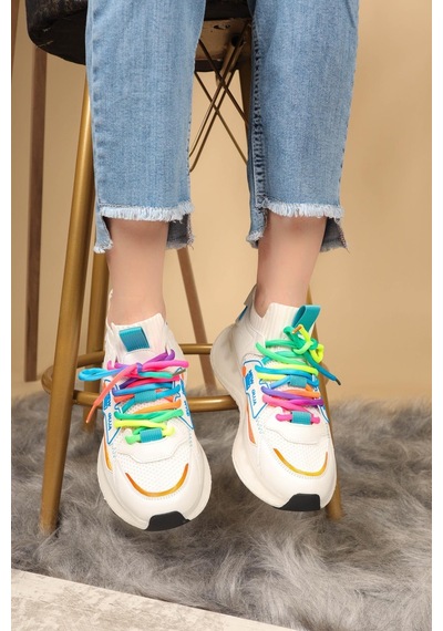 Guja Renkli Bağcıklı Triko Unisex Spor Ayakkabı Beyaz-Beyaz