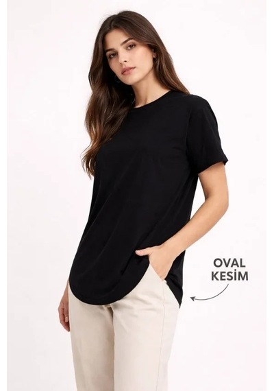 Basic T-shirt Kısa Kol Bisiklet Yaka Oval Kesim Tişört - Siyah