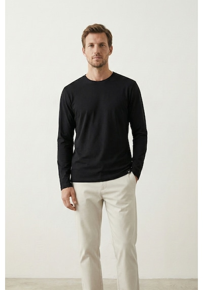 Elemge Pamuk Erkek Süprem Basic T-shirt Compact Penye Tok Kumaş Uzun Kollu Siyah Sporcu Tişört Body 2XL
