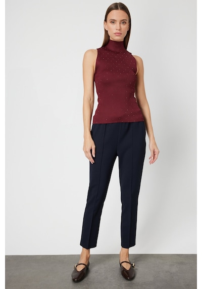On Kadın Taşlı Kolsuz Triko Bluz 66375 Bordo Bordo