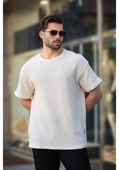 Madmext Ekru Bisiklet Yaka Oversize Erkek T-shirt E7134 Ekru