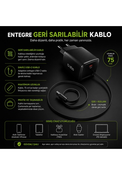 Sbs 45w Gan Usb-c Hızlı Şarj Adaptörü Pd Entegre 75 Cm Geri Sarılabilir Usb-c Kablo Ek Usb-c Çıkış Çift Cihaz Şarj