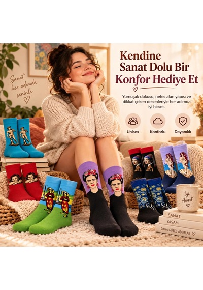 Çorap Giyim Unisex Çorap Sanat Temalı Renkli 7'li Set Portre Tablo Desenli Uzun Soket Günlük Eğlenceli Çorap Şık Çok Renkli