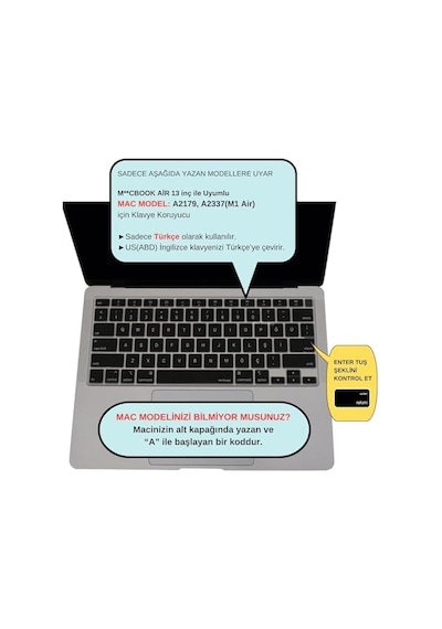 Türkçe Q Klavye Koruyucu Macbook Air 13 A2179 A2337 M1 Uyumlu Us Ansı Düz Enter Ultra İnce Silikon Keyboard Cover Siyah