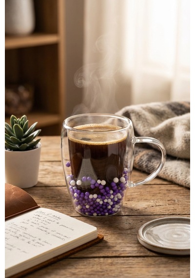 Makri Home Çift Cidarlı Mor Beyaz Cam Kupa 350 Ml Isıya Dayanıklı Çok Renkli