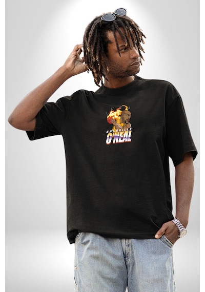 Basketbol Shaquille Oneal Star Ateş Topu Siyah Oversize Unisex Ön Orta Minimal Baskılı Tişört Siyah