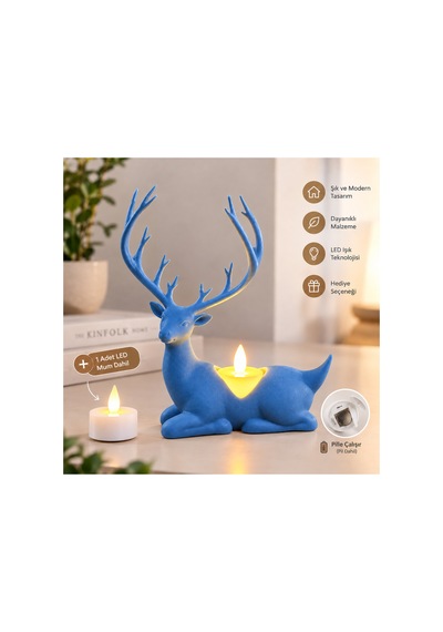 Geyik Biblo Mumluk Led Tealight Mumlu Dekoratif Masa Ve Ev Süsü, 18 Cm - Mavi Açık