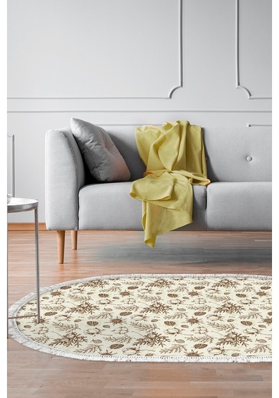 Alanur Home Kaymaz Dijital Mutfak & Salon Halı Trend Saçaklı Oval Vintage Al5012 Bej