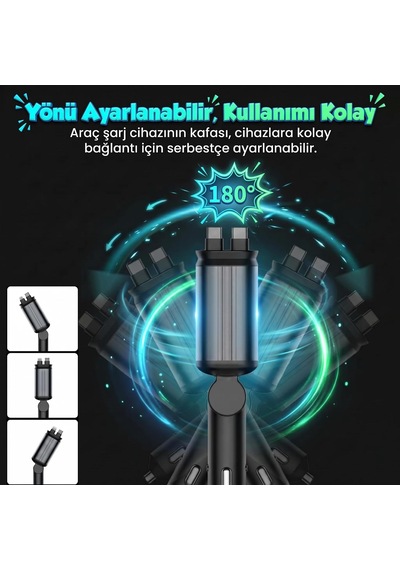 Tr 66w 5in1 Araç İçi Çakmaklık Hızlı Şarj Aleti, Tavan Aydınlatmalı, Çift Makaralı Kablo Type-c & Lightning
