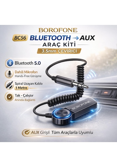 Borofone Bc56 Araç İçi Bluetooth To Aux 3.5mm Çevirici Araç Kiti Mikrofonlu
