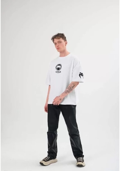 Modi Unisex Bisiklet Yaka Baskılı Oversize T-shirt - Beyaz - Mymg108584