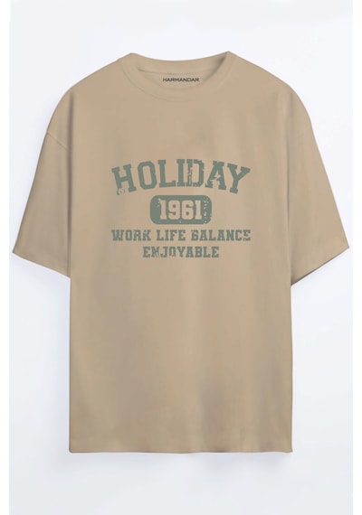Holiday 1961 Baskılı Unisex Bej Oversize T-shirt Bej