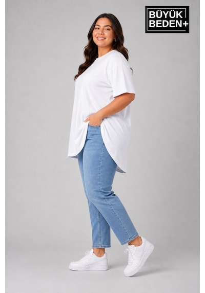 Superlife Büyük Beden Kadın Bisiklet Yaka Basic Oval Etek Detalylı 3xl-6xl Uzun Tunik Spr26btsk502 Beyaz