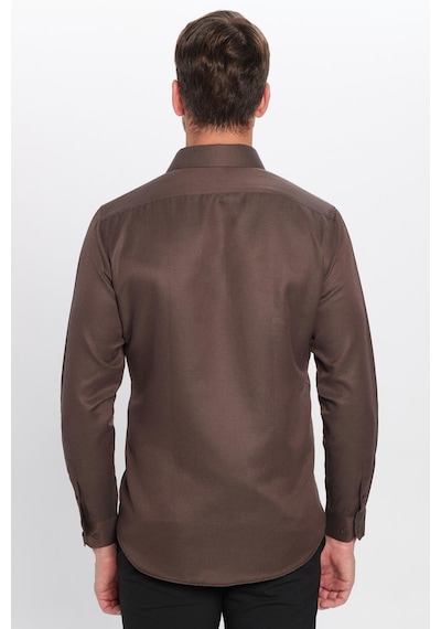 Tudors Modern Slim Fit Uzun Kollu Pamuklu Kolay Ütü Armürlü Erkek Kahve Gömlek-25752 Kahverengi