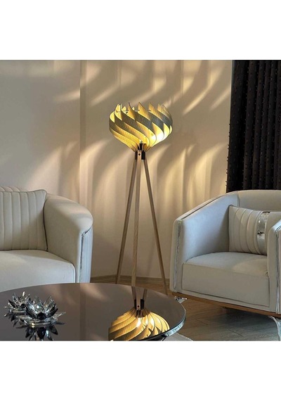 Ahşap Tripod Lambader, Modern Dekoratif Salon Lambası, Krem Renk 3 Ayaklı Ayaklı Lamba, Oturma Odası Yatak Odası Köşe Aydınlatma Diğer