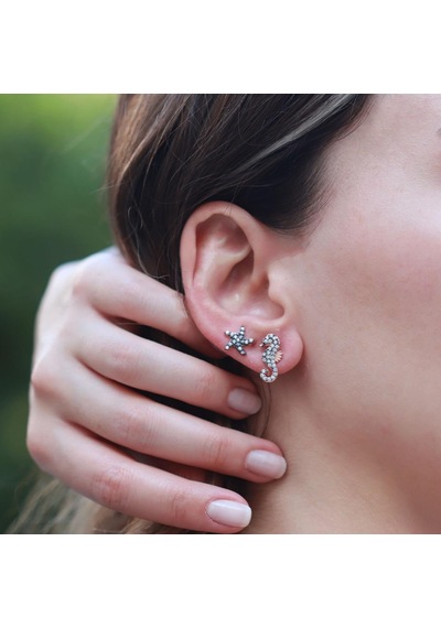 Deniz Atı Ve Yıldız Figürlü Zirkon Taşlı Rose Gold Kaplama Gümüş Küpe Gümüş