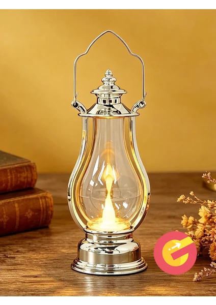 Retro Alev Efektli Led Lamba Pilli Gaz Lambası Modeli Kandil Atmosfer Dekoratif Ramazan Yılbaşı Aydınlatma Gümüş