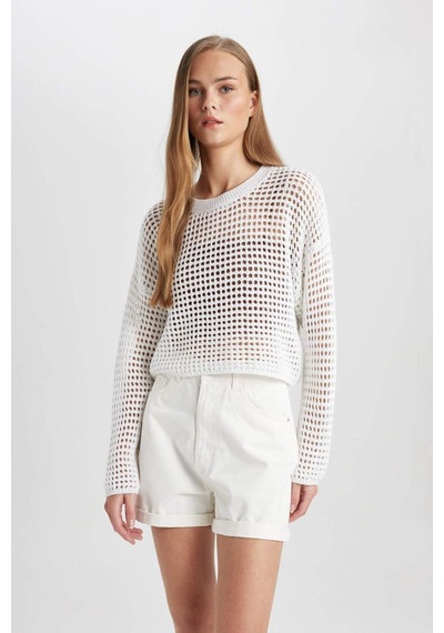 Defacto Regular Fit Bisiklet Yaka Kroşe Ajurlu Delikli Crop Triko Kazak T4513AZ24AUER103 Ekru