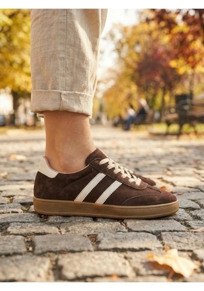Potinonline 810 Kadın Hakiki Deri Süet Yanı Çizgili Sneaker Ayakkabı Kahve