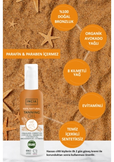 INCIA %100 Doğal Bronzlaştırıcı Yağ Organik Avokado Yağı Yoğun Bronzlaştırıcı Kakao Havuç Susam 150 ML
