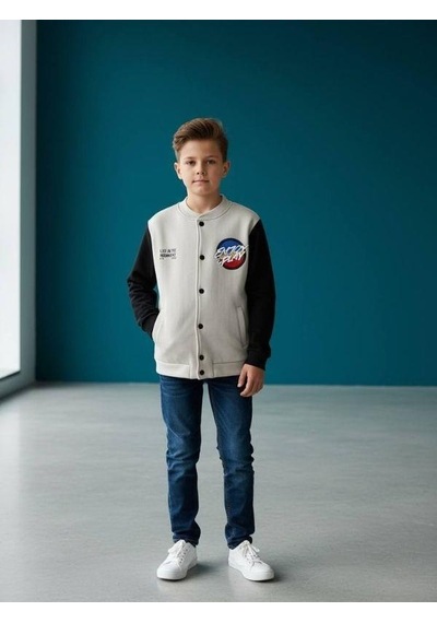 Zekids Erkek Çocuk Enjoy Play Yazılı Şardonlu Kolej Hırkası-16652 Taş