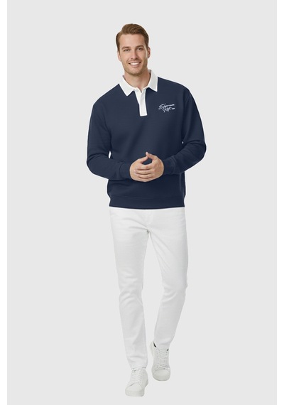 Rizzup Erkek Lacivert Relax Fit İçi Polarlı Polo Yaka Sweatshirt Pamuklu Kalın Sweatshirt 2600762