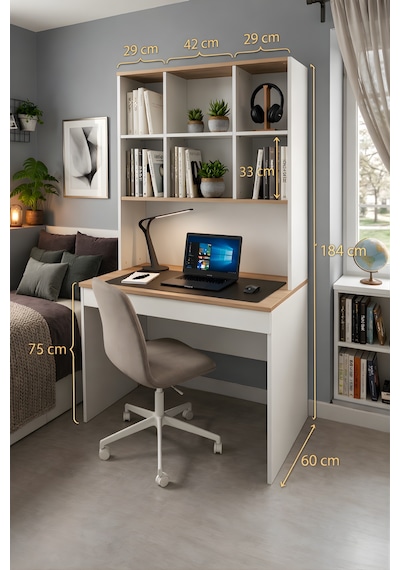 Yeni Nesil Genç Odası Çalışma Masası Mdf Ergonomik Tasarım Kitaplıklı Ve Kapaklı Model Beyaz