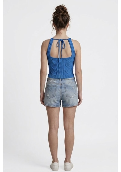 Neden Tekstil Kadın Triko Örme Halter Yaka Crop Bluz - Saks Mavisi