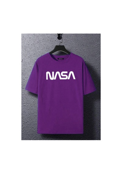 Medinenur Unisex Nasa Baskılı Siyah Tshirt Mor