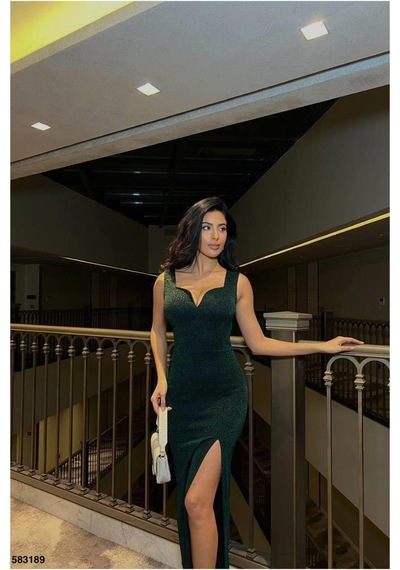 Lior Design Kadın Günlük Yırtmaçlı Maxi Askılı Abiye Elbise Zümrüt