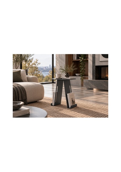 Folio Modern Metal Yan Sehpa Ve Dergilik, Yuvarlak Koltuk Kenarı Kitaplık Sehpa Gri - 945341616 Gri