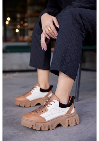 Barbara Taba Hakiki Deri Kalın Tabanlı Kadın Sneaker-Taba
