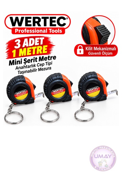 3 Adet 1 Metre Mini Şerit Metre Anahtarlık Cep Tipi Taşınabilir Mezura 3,3x3,3 Cm 1 M
