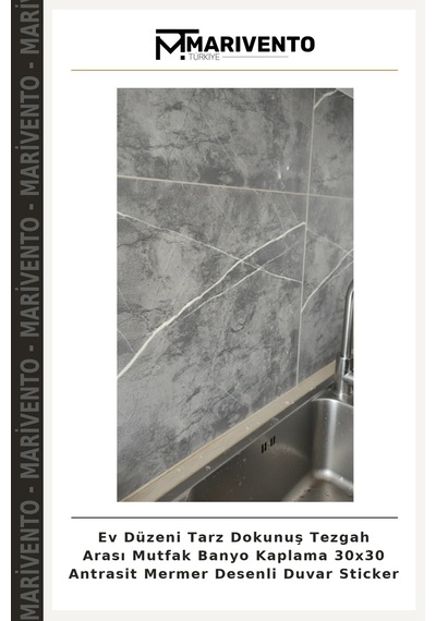 Ev Düzeni Tarz Dokunuş Tezgah Arası Mutfak Banyo Kaplama 30x30 Antrasit Mermer Desenli Duvar Sticker