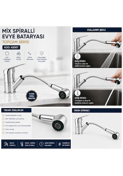 Mix Spiralli Evye Eviye Bataryası Berber Kuaför Bataryası Lavabo Batarya Topçam Serisi Kb307 Krom