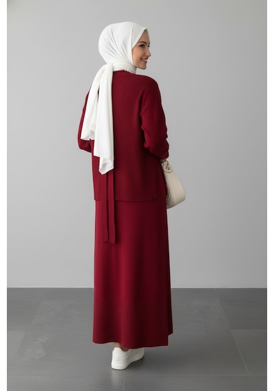 Defymoda Kadın Kırmızı Modest Triko Tunik Elbise Takım Kırmızı