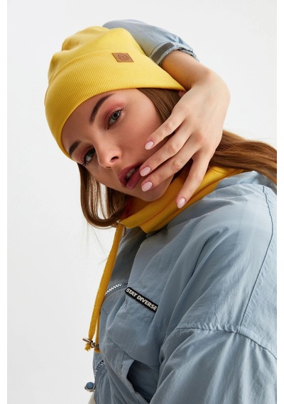 Butikgiz Kadın Balıkçı Style Pamuklu Kaşkorse Terletmez Ultra Hafif Yumuşak Bere Boyunluk Takım Sarı
