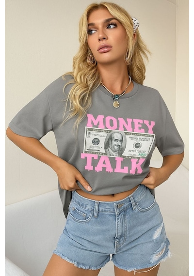 Money Talk Baskılı Unisex Tişört Gri